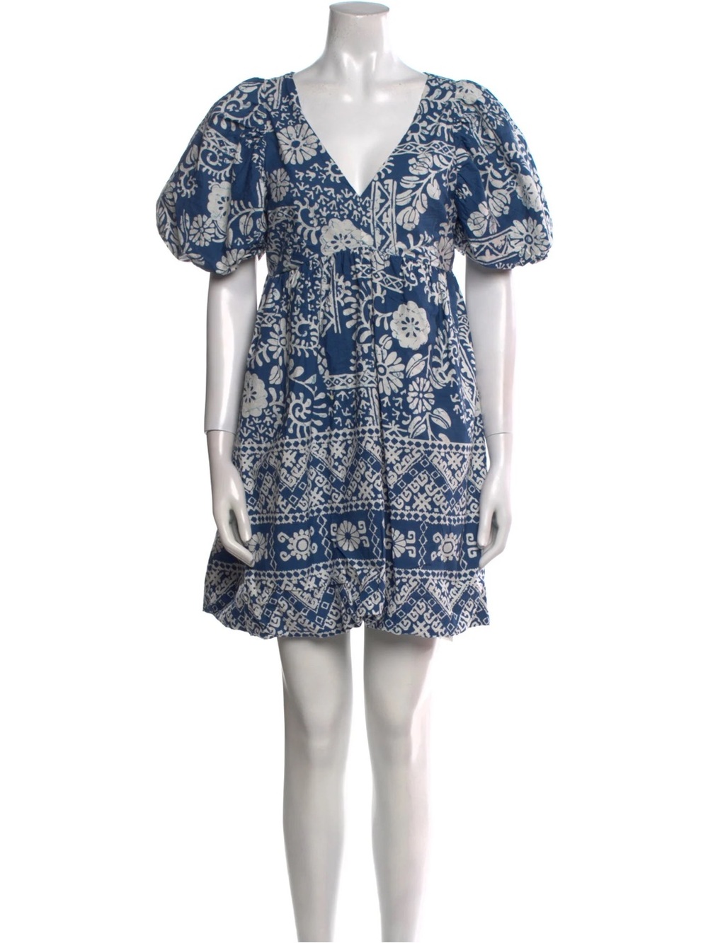 Caroline Constas Blue and White Floral Puff-Sleeve Mini Dress